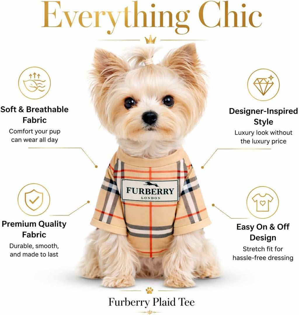 Luxury Designer Dog T Shirt – Trendy Puppy Clothes for Small Dogs, Fashion Pet Tee for French Bulldogs & Chihuahuas, Everything Chic Dog Apparel (FurberryTee, Small)