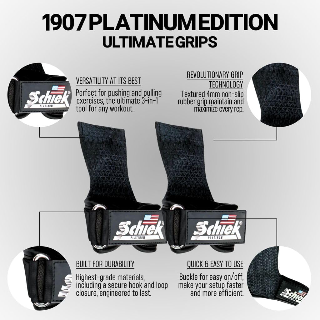 Schiek Sports Model 1907 Platinum Edition Ultimate Grips - 3 in 1 Weight Lifting Straps Wrist Wraps and Grip Pads