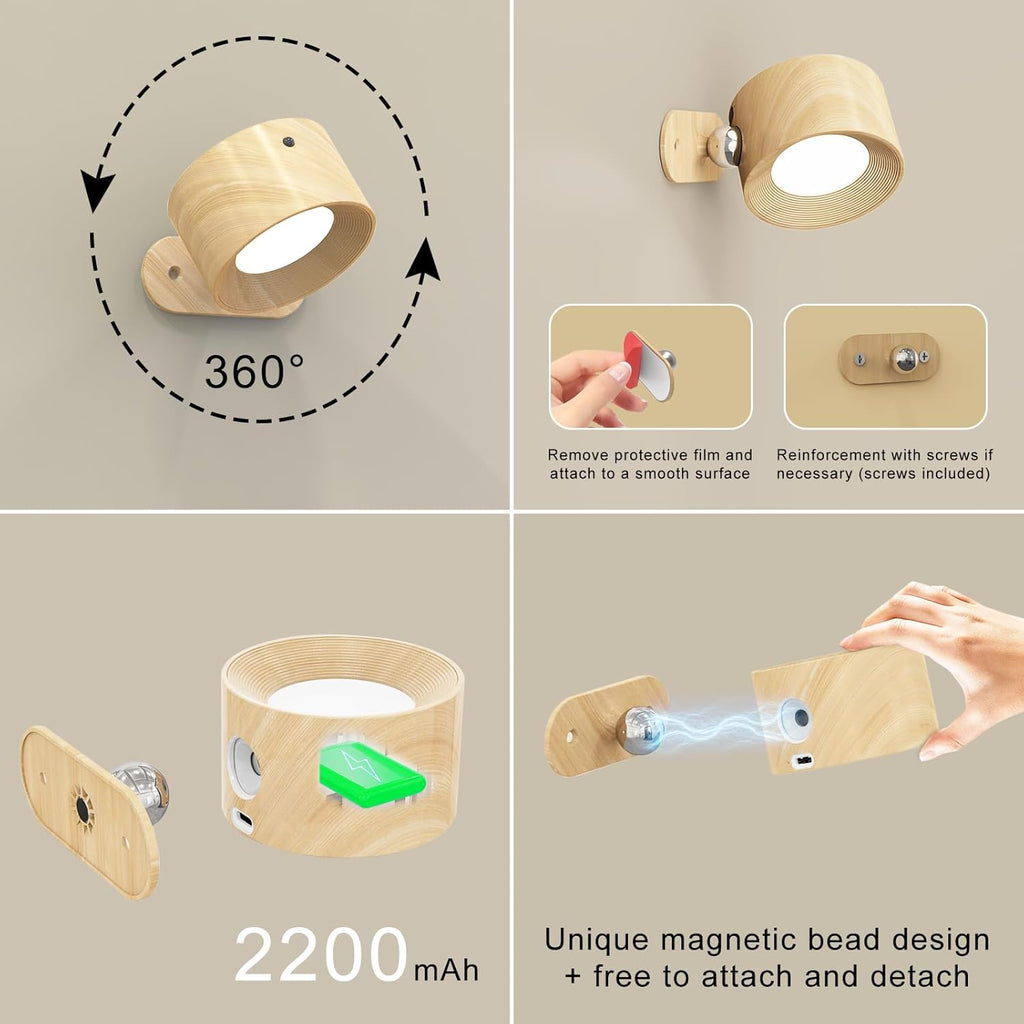 AKSDA 3Pack Battery Operated Wall Sconce, 3 Color Modes 3 Brightness Levels 360°Rotation Lighting Timer Touch & Remote Control, Wall Mounted Lamp LED Wall Lights for Bedroom Reading Bedside (Wood)