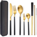 AARAINBOW 6 Pieces Stainless Steel Flatware Set Portable Reusable Cutlery Set Travel Utensils Set Including Chopsticks Knife Fork Spoon Straws Cleaning Brush Dishwasher Safe (B-Black golden)