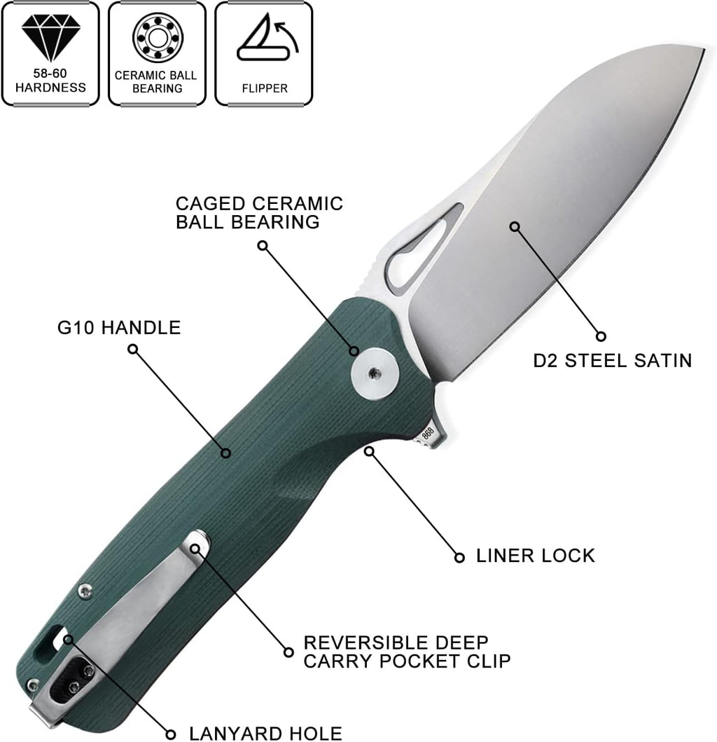 Petrified fish PF868 Bunta 3.35" D2 Satin Blade Pocket Folding Knife