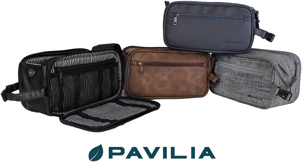 PAVILIA Toiletry Bag for Men, Travel Essentials Shaving Dopp Kit, Mens Travel Bag Toiletries Organizer Case for Grooming, PU Leather Water Resistant Cosmetic Bag Pouch (Heather Grey)