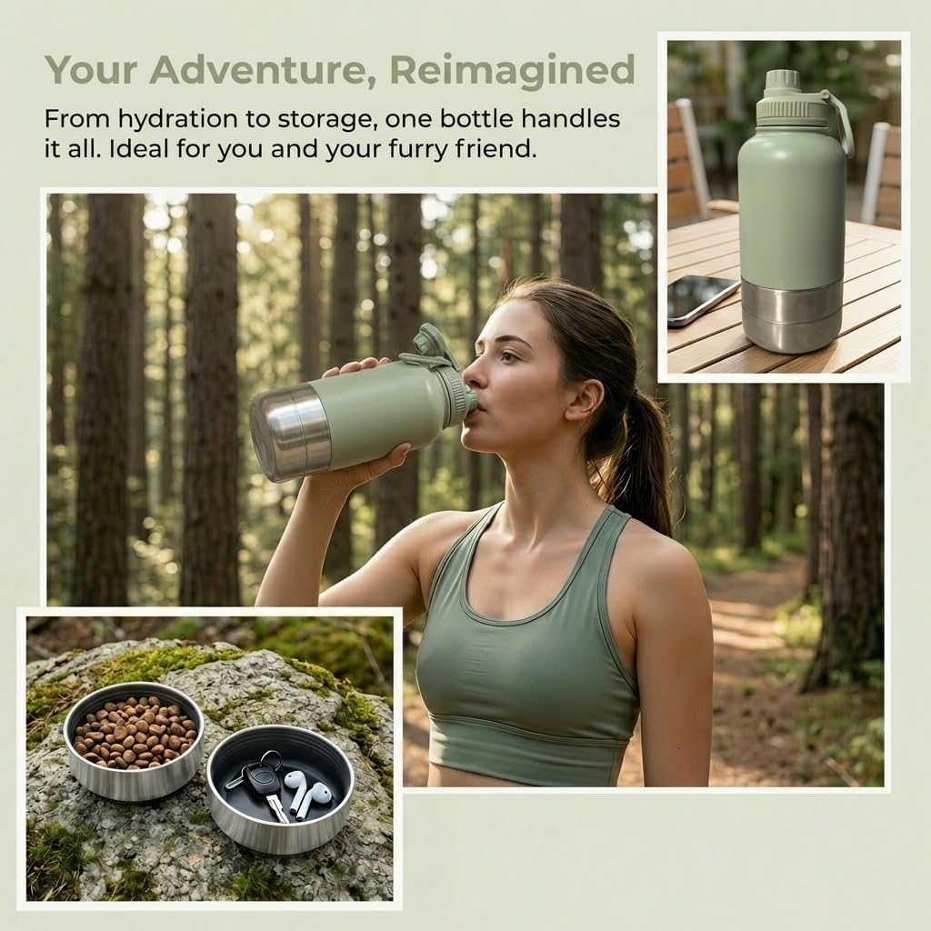 RYNVALE 32oz Insulated Stainless Steel Pet Water Bottle with Dog Bowl