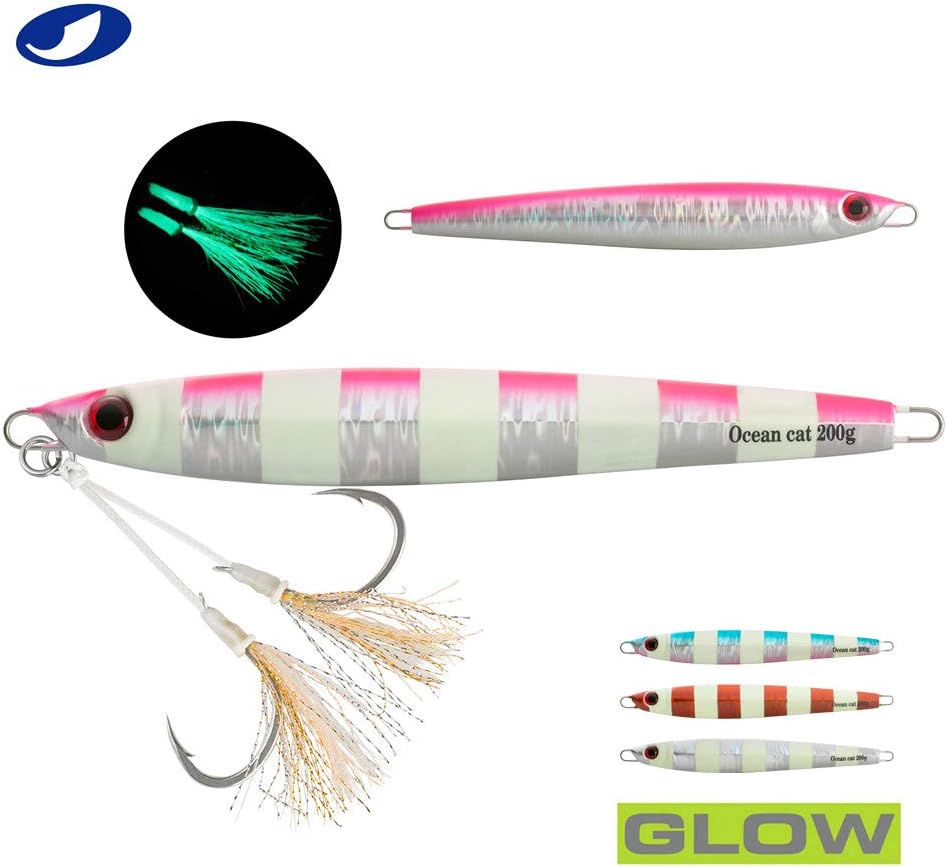 OCEAN CAT 1 PC Slow Fall Pitch Fishing Lures Sinking Lead Metal Flat Jigs Jigging Baits with Hook for Saltwater Fishing 4 Colors 160G/200G