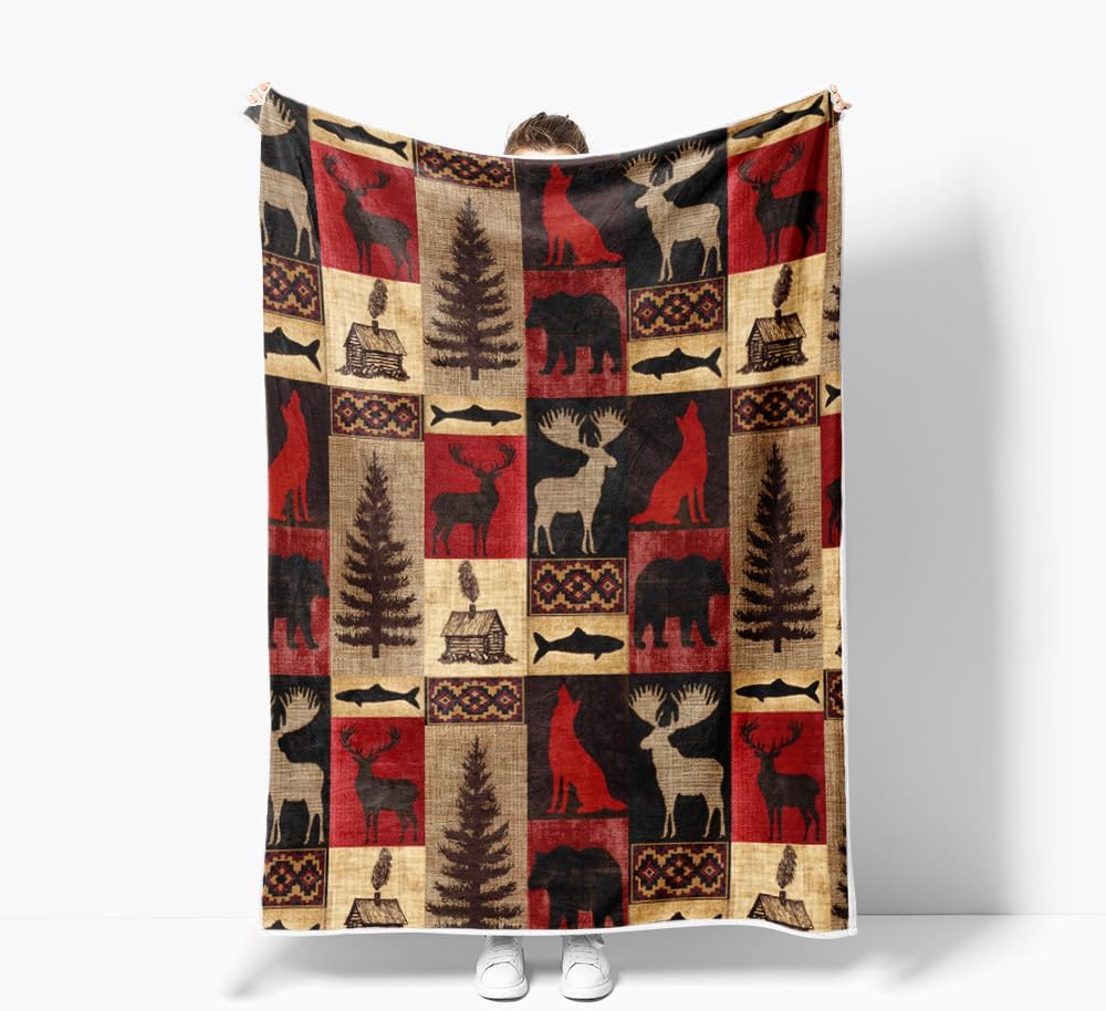 Torich Rustic Cabin Throw Blankets, Country Vintage Bear Moose Wood Cozy Warm Bed Couch Blanket, Farmhouse Hunting Camping Forest White Fleece Flannel Throws to Decorate The Room and Bedroom