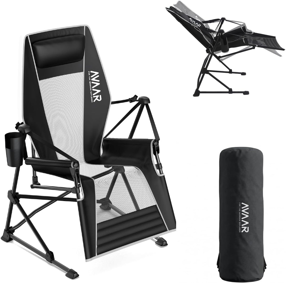 Go-Horizon Hammock Swinging Camping Chair for Adults up to 400bs,Full Lie-Flat Folding Chair with Footrest,Adjustable Headrest,Cup Holder & Carry Bag for Camping,Fishing,Beach,Patio—Black