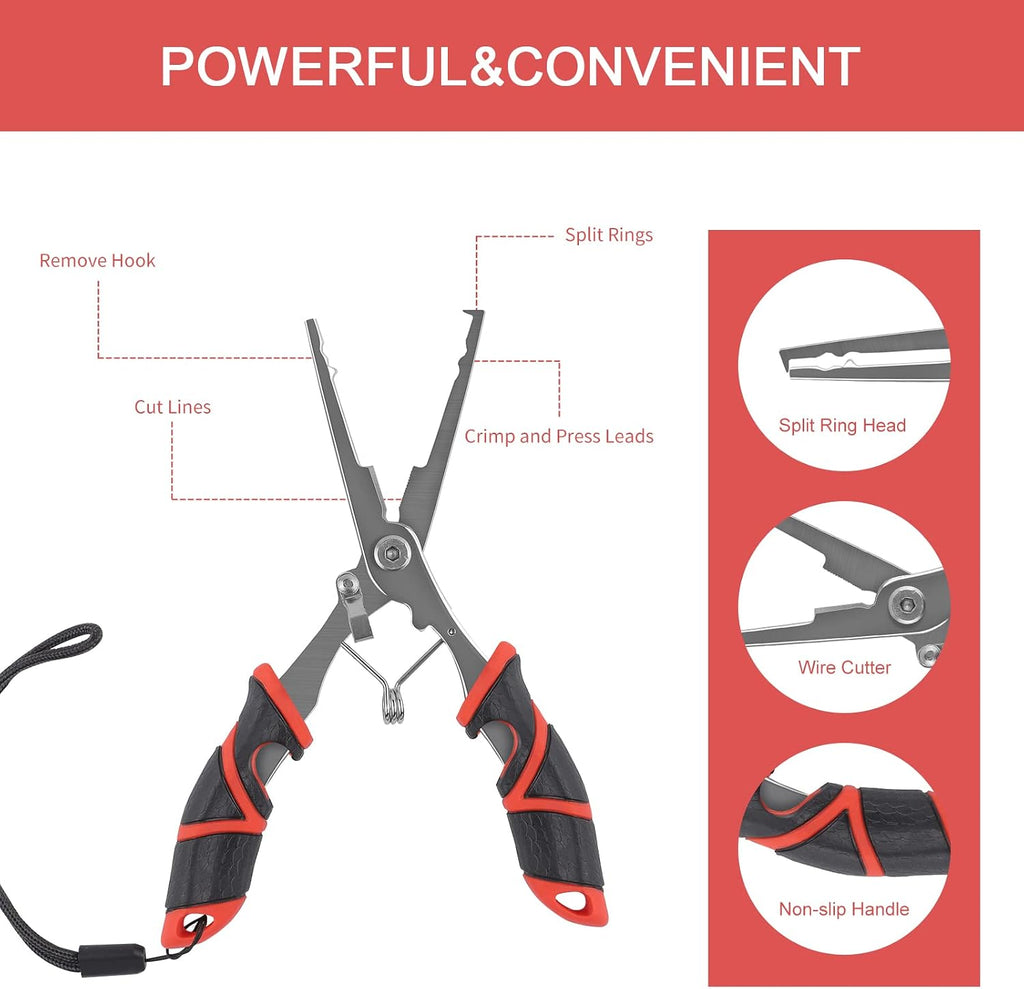 Fishing Tool Kit - 8pc Including Fillet Knife, Scissors, Pliers, Measuring Ruler, Anti-Lost Lanyard, Waterproof Storage Bag