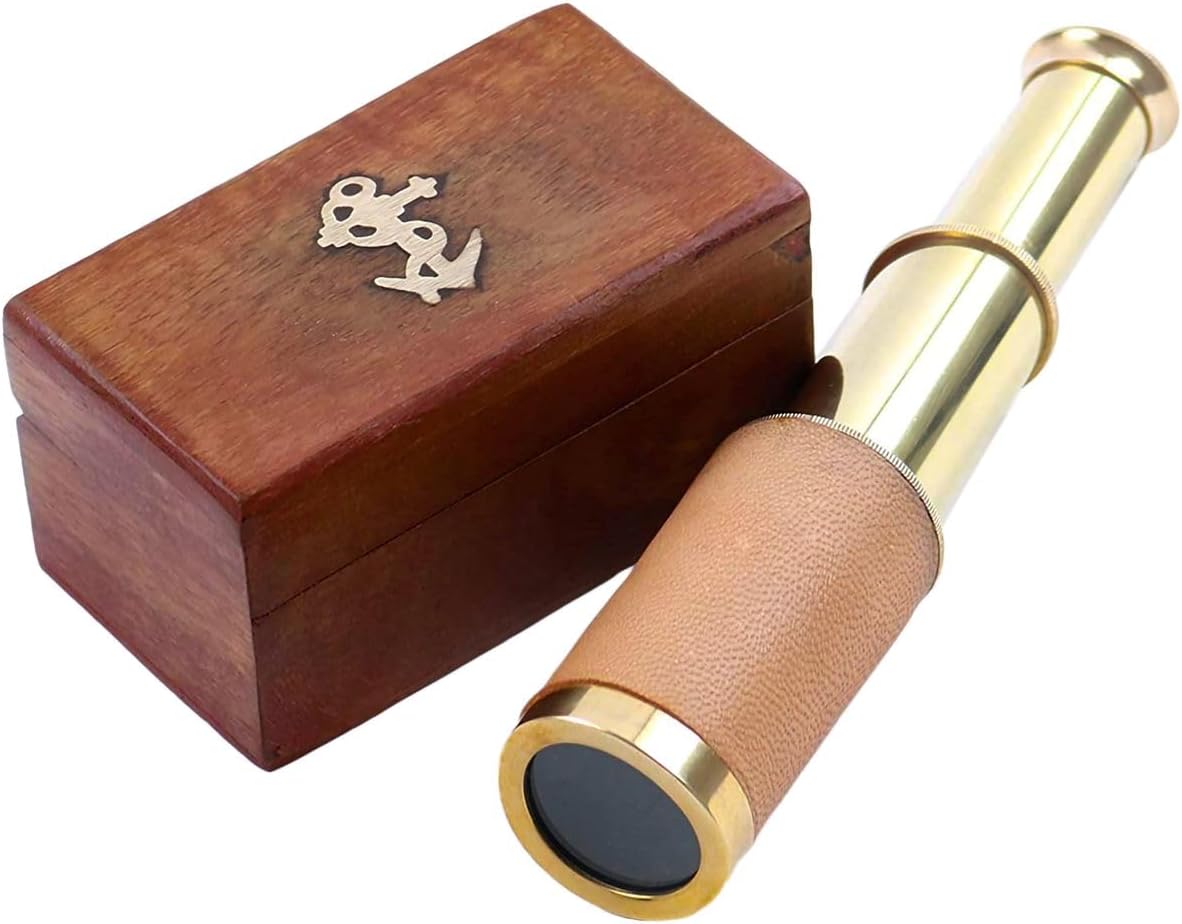 Mythrojan Medieval Brass Telescope with Mini Spyglass,Wooden Box for Reenactment, Cosplay, Steampunk,Nautical Decor - 6 inches, Brass