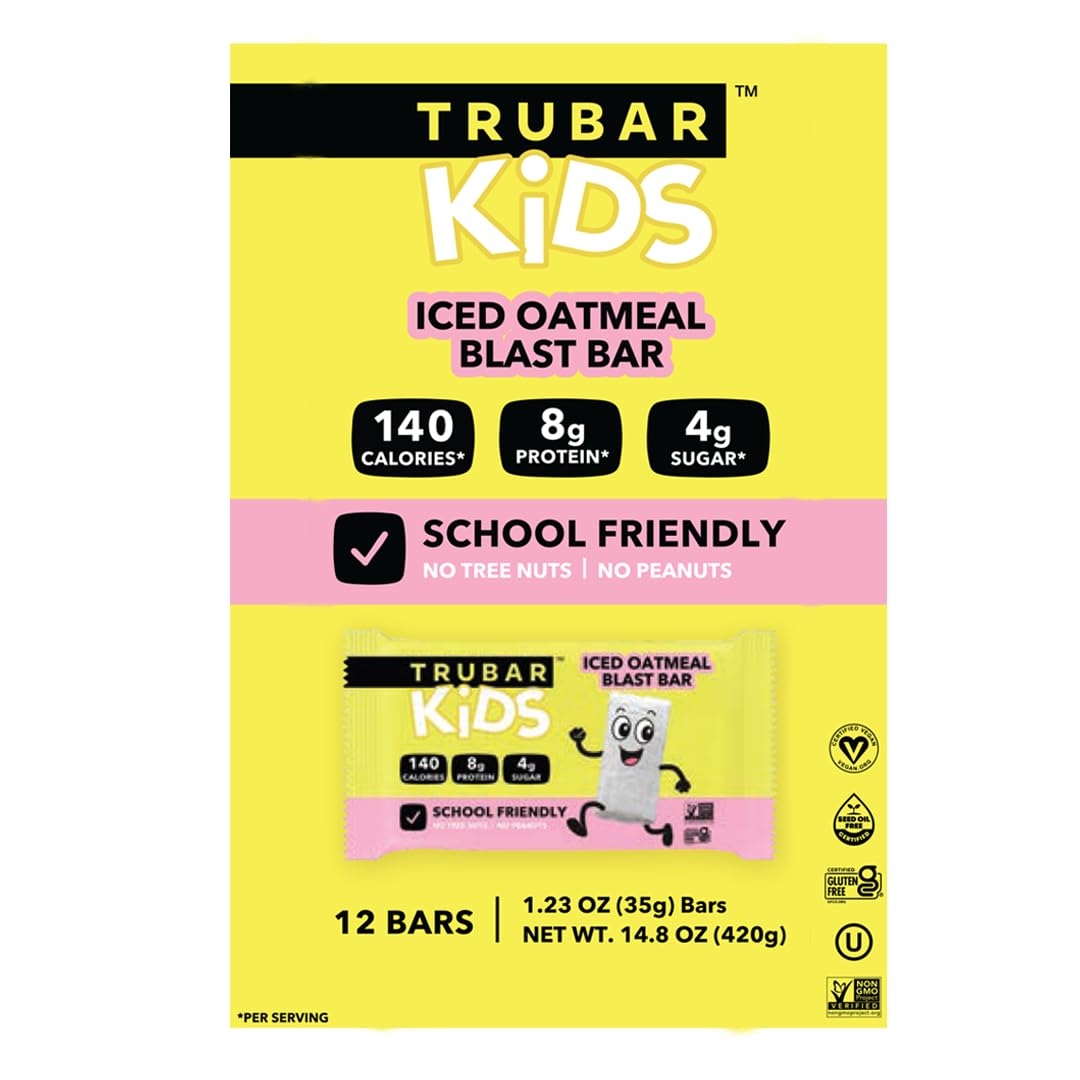TRUBAR Kids Protein Bars, Iced Oatmeal Blast, Plant Based Protein, Gluten Free School-Friendly Snacks for Lunchboxes, Tree Nut and Peanut Free, Low Sugar, Healthy On the Go Snack Bars, 12 Count