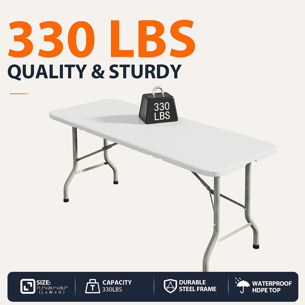 HULKFIT 6FT Heavy Duty Folding Table, Portable Utility Table for Parties, Events, and Dining, Supports up to 330 lbs, Easy Fold & Store