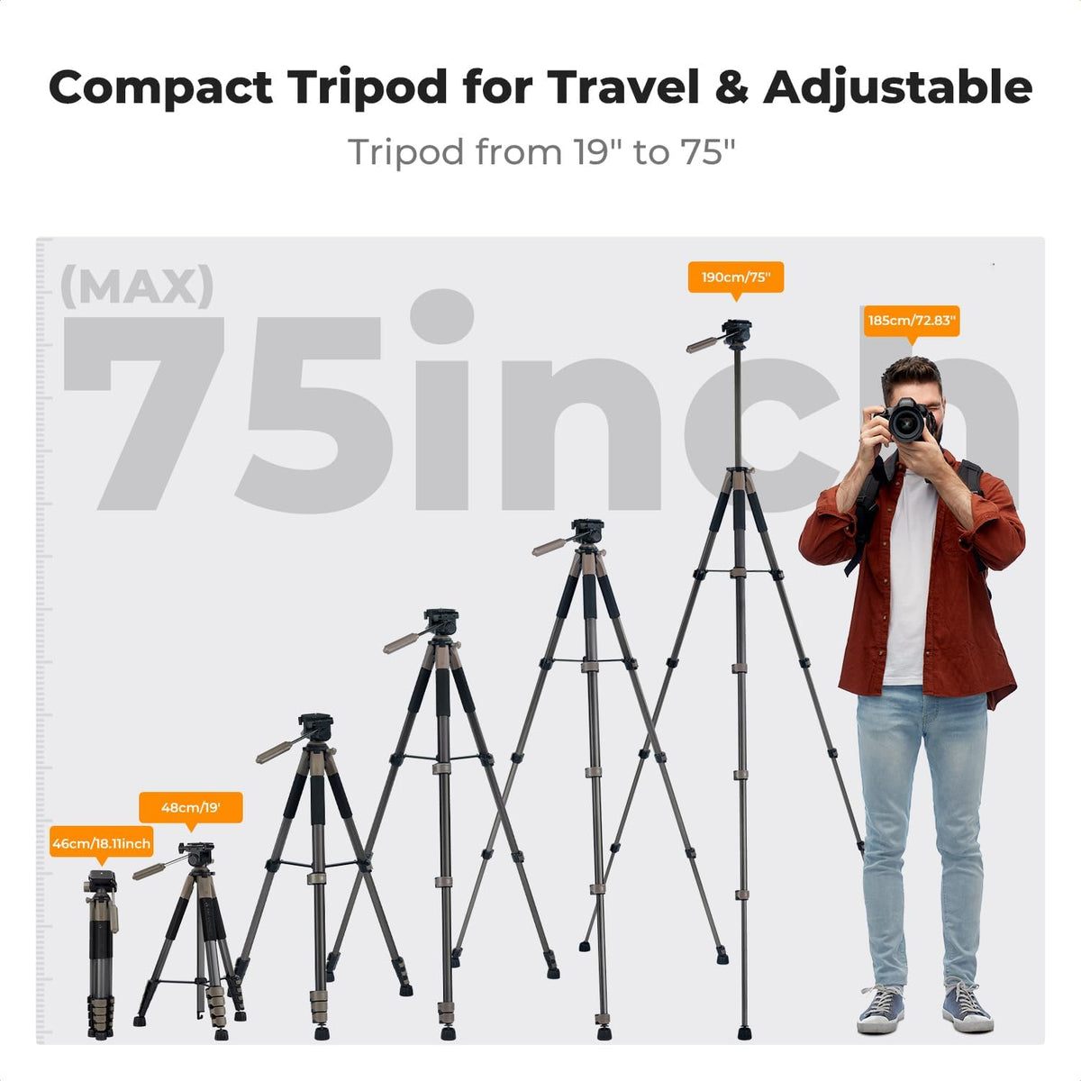 K&F CONCEPT 75" Aluminum Camera Tripod, Lightweight and Compact for Travel