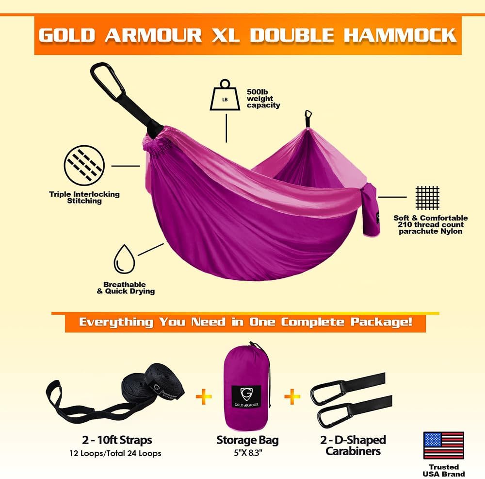 Gold Armour Camping Hammock - XL Double Hammock Portable Hammock Camping Accessories Gear for Outdoor Indoor with Tree Straps, USA Based Brand (Fuchsia and Pink)