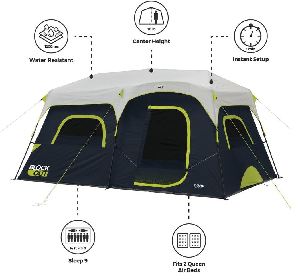 CORE Blackout Instant Cabin Tent | Large Family Pop Up Dark Room Tent with Easy Camp Setup | Included Storage Pockets for Outdoor Camping Accessories