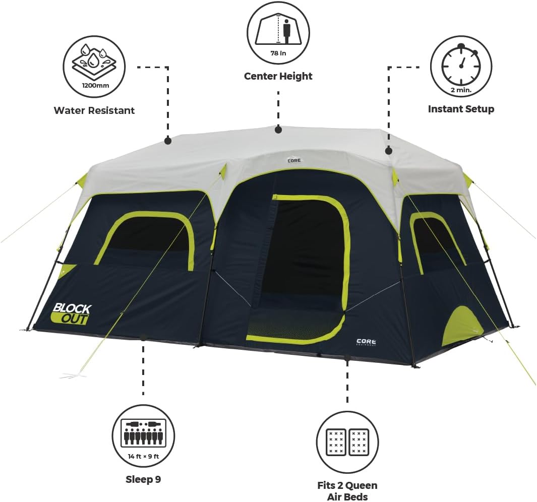 CORE Blackout Instant Cabin Tent | Large Family Pop Up Dark Room Tent with Easy Camp Setup | Included Storage Pockets for Outdoor Camping Accessories