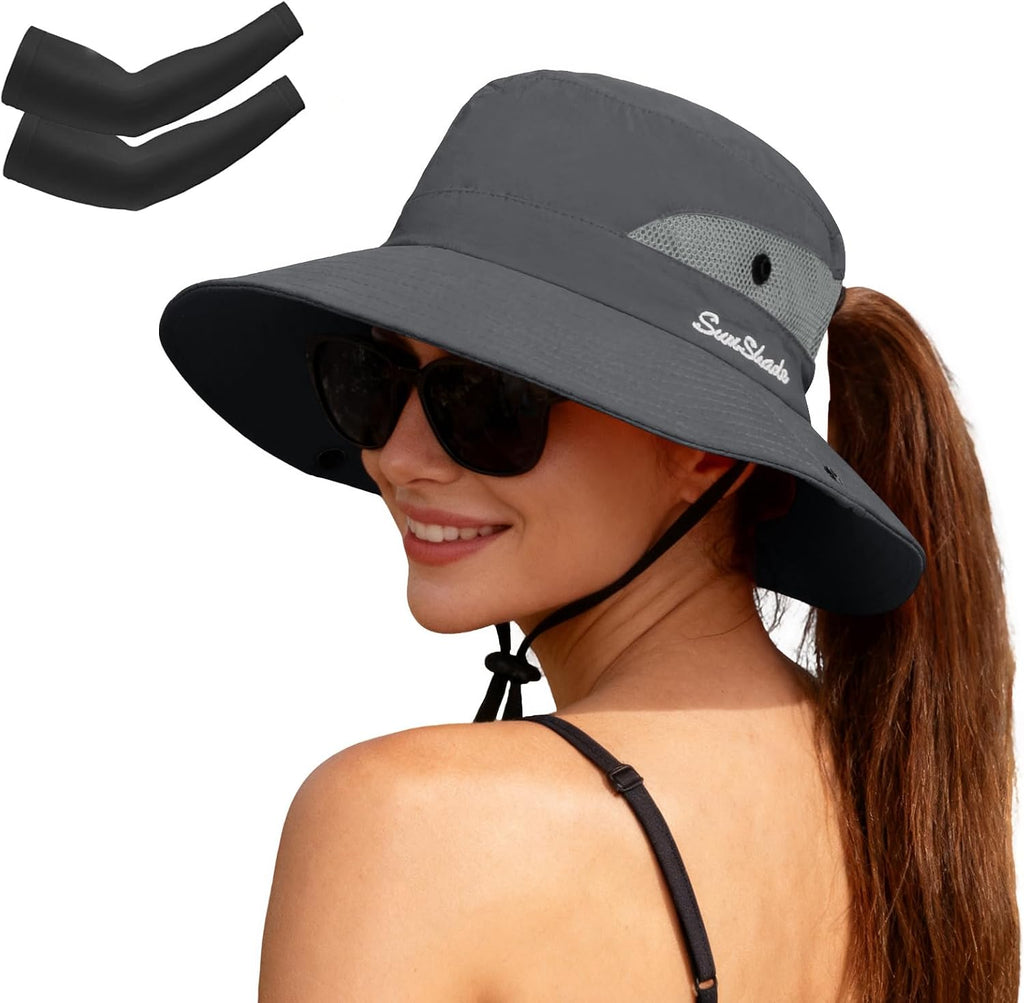 ZOORON Women's Ponytail Safari Sun Hat,Wide Brim UV Protection Bucket Hat