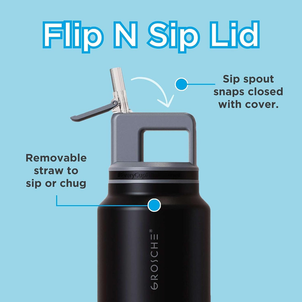 GROSCHE Alpine Flip N Sip Insulated Bottle Straw Lid, Graphite Black, 40 oz