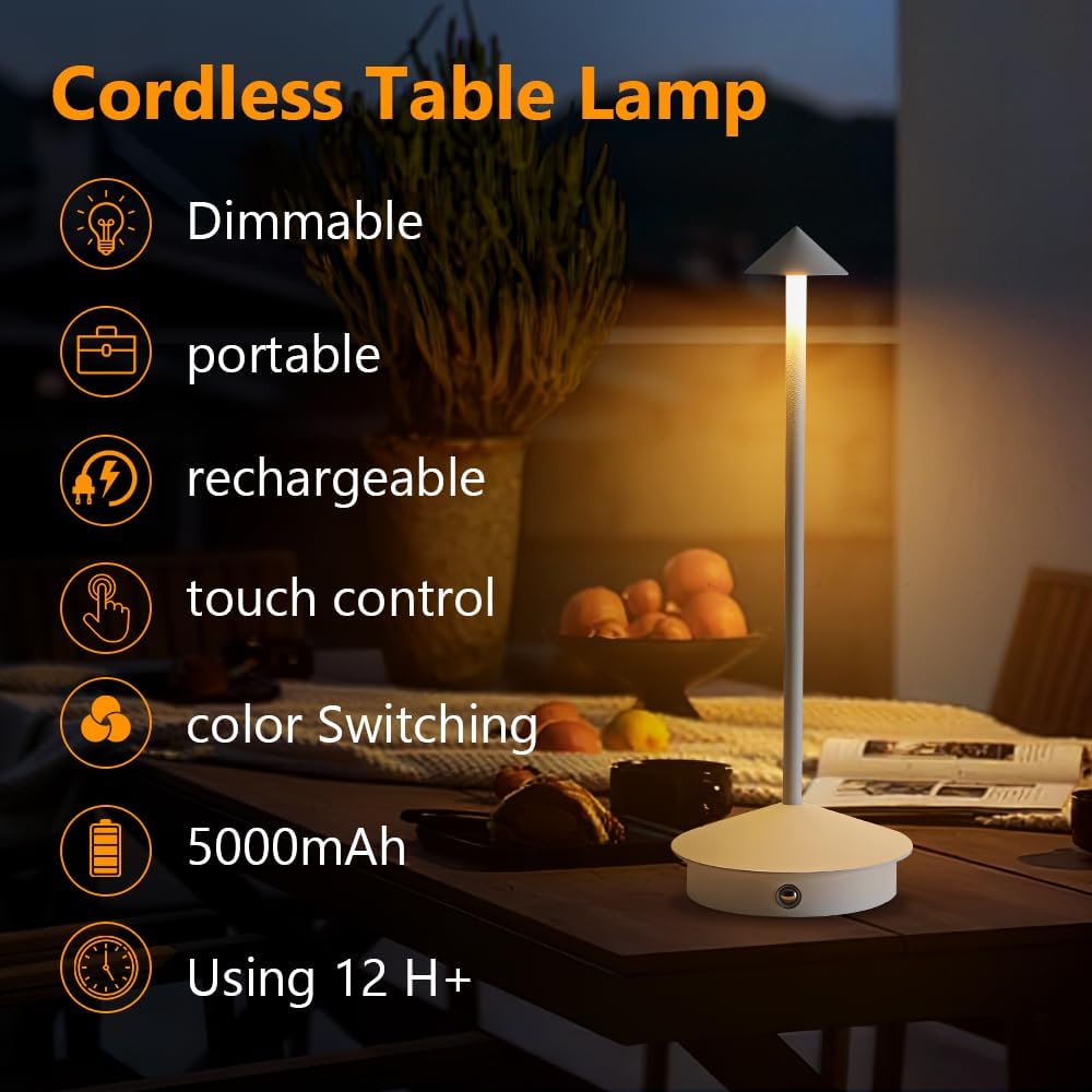 2 Pack LED Rechargeable Cordless Table Lamps,Portable Outdoor 5000mAh Battery Operated Table Light Touch Control 3 Color Dimmable for Patio/Cofee/Restaurant/Camping/Dining/Bedroom-White