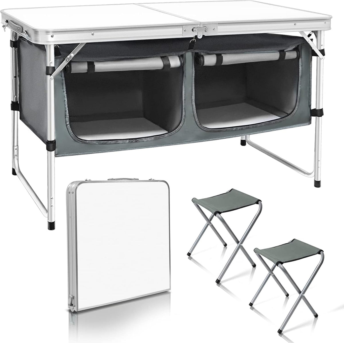 CampLand Outdoor Folding Table Aluminum Lightweight Height Adjustable with Storage Organizer for BBQ, Party, Camping
