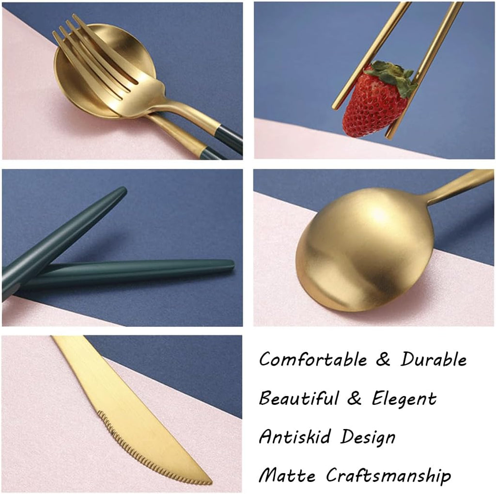 AARAINBOW 8 Pieces Stainless Steel Flatware Set Portable Reusable Cutlery Set Travel Utensils Set Including Chopsticks Knife Fork Spoon Straws Cleaning Brush Dishwasher Safe (Green Golden)