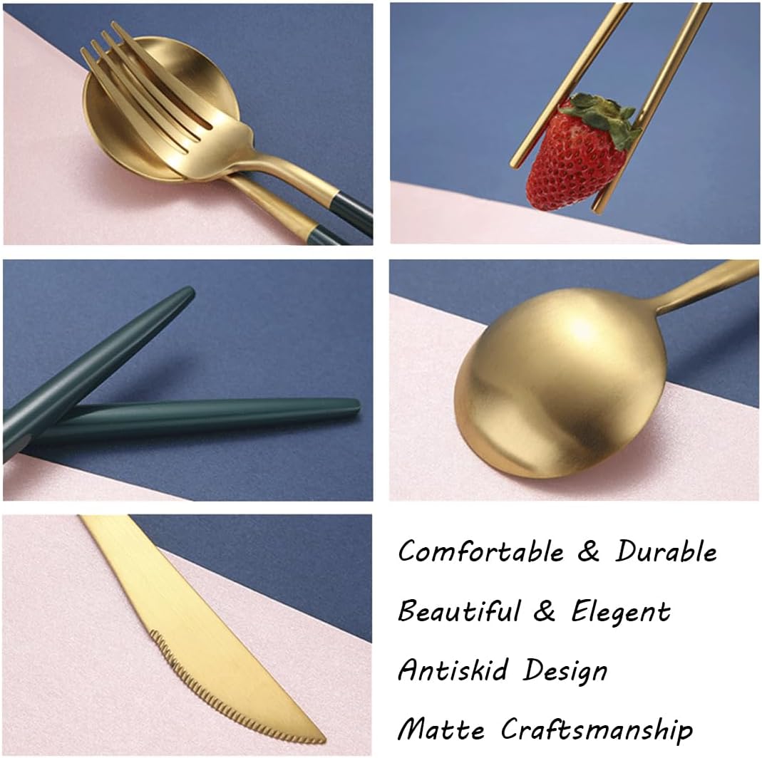 AARAINBOW 8 Pieces Stainless Steel Flatware Set Portable Reusable Cutlery Set Travel Utensils Set Including Chopsticks Knife Fork Spoon Straws Cleaning Brush Dishwasher Safe (Green Golden)