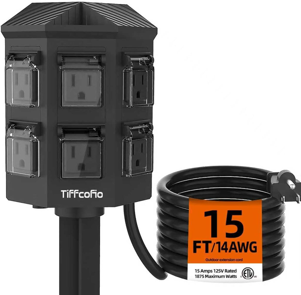 TiFFCOFiO Outdoor Power Strip Weatherproof, 25 FT Extension Cord with Stake, 6 Grounded Outlets for Yard, Pool and Garden Decorations, 15A/1875W, ETL Listed