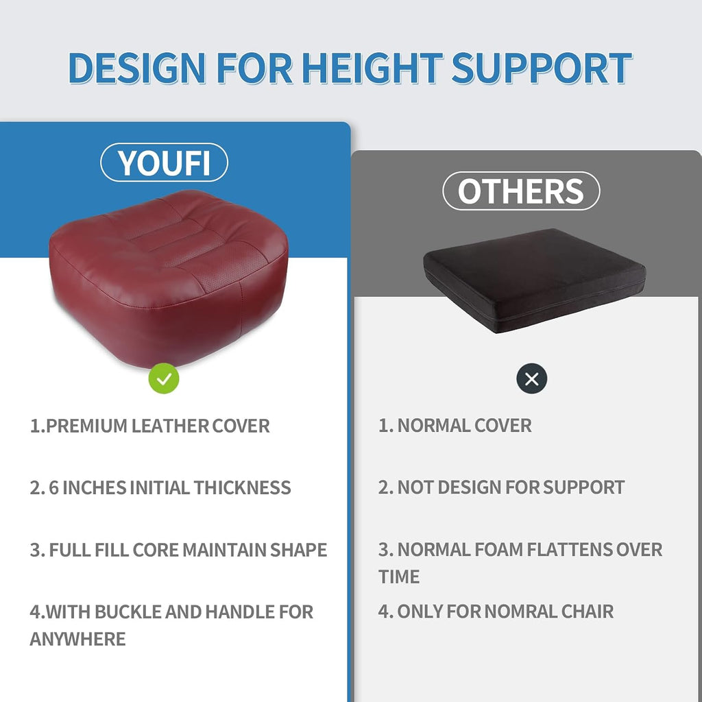 YOUFI Leather Seat Cushion Extra-Thick Booster for Office Chair to Rise Height - Full Filling for Support - with Breathable Cover, Handle and Buckle - Relieves Back Pain – 18"x16"x6" (Red)
