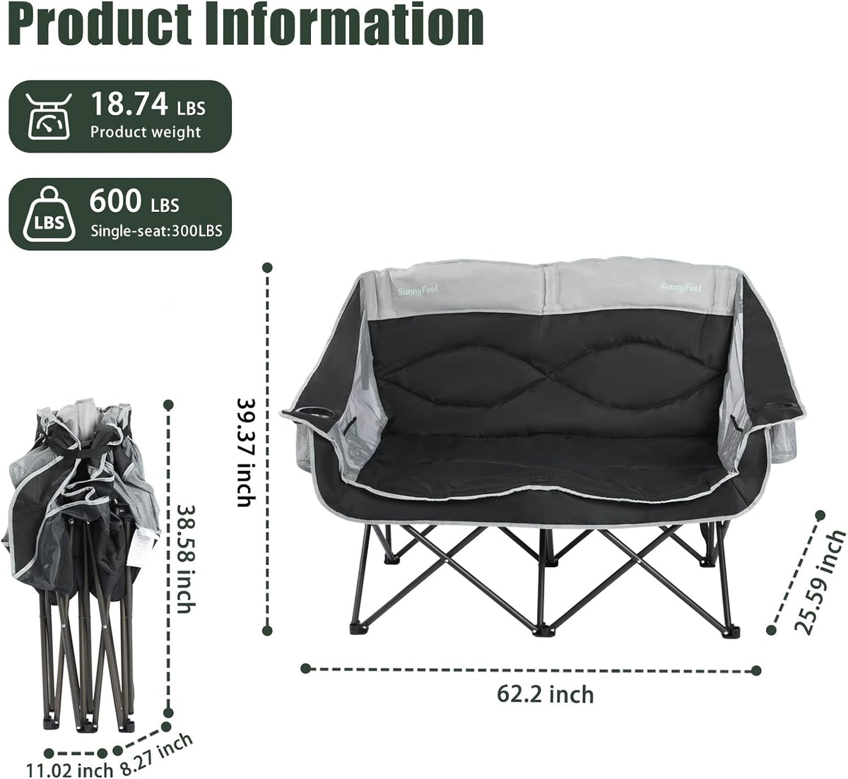 SUNNYFEEL Double Camping Chairs Padded Loveseat Chair for Adults