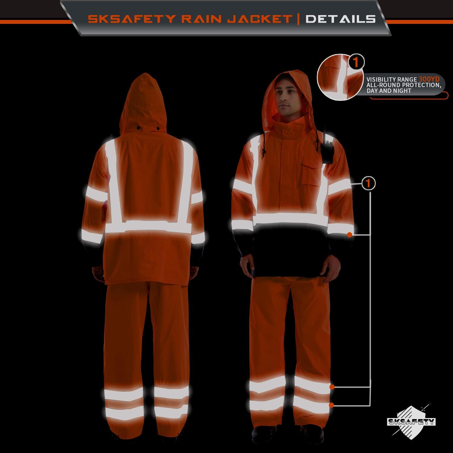 SKSAFETY Hi Vis Safety Rain Jacket for Men, Construction Work Rain Gear Heavy Duty Class 3 Rain Coat Waterproof Lightweight