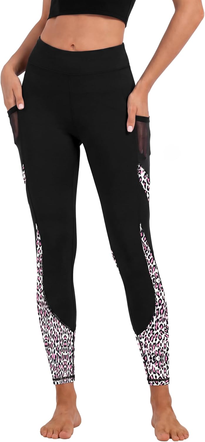 Women's High Waisted Yoga Leggings - Leopard Block Print Phone Pockets Tummy Control Workout Casual Pants