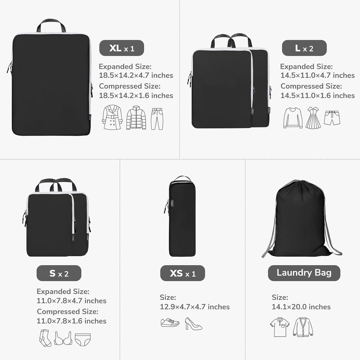 CherryNow 7 Set Compression Travel Packing Cubes for Suitcases, Black