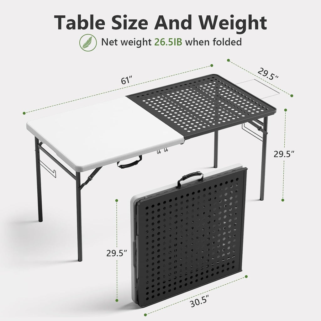 Folding Table, 5ft Folding Grill Table, Portable Camping Table for Cooking & BBQ Grill, 2-in-1 Metal&Solid Surface Grill Table Foldable for Party Cooking, Backyard, Patio Use,(Black and White)