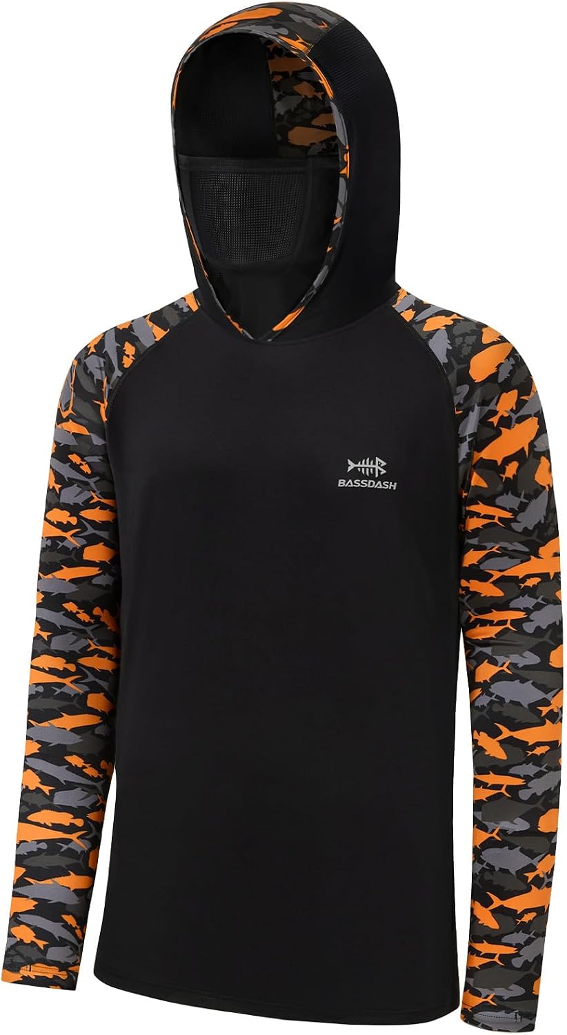 BASSDASH Men's UPF 50+ Camo Hoodie Shirt with Mask Long Sleeve Sun Protection Neck Gaiter Hooded Tee for Fishing Hiking