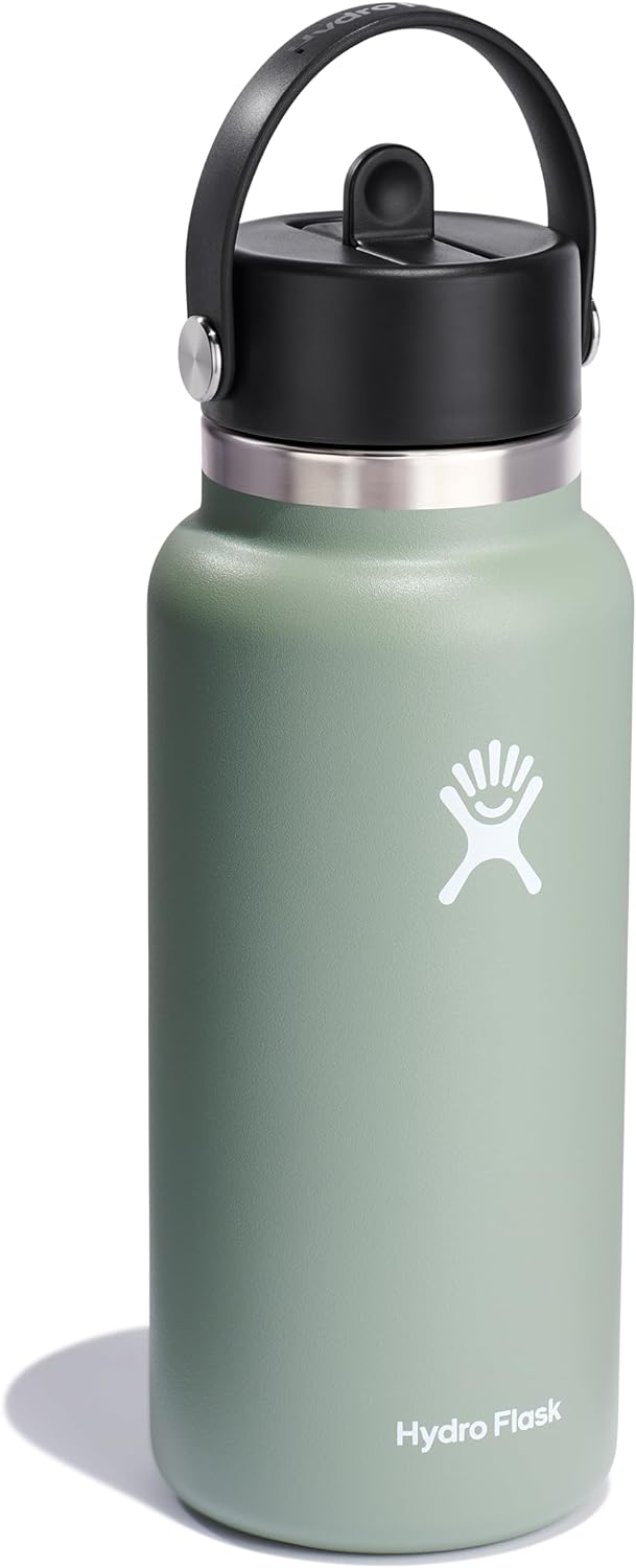 Hydro Flask Water Bottle - Insulated Stainless Steel - Wide Mouth Flex Straw Lid, Non Spill, Leakproof and Refillable in Agave 32 Oz