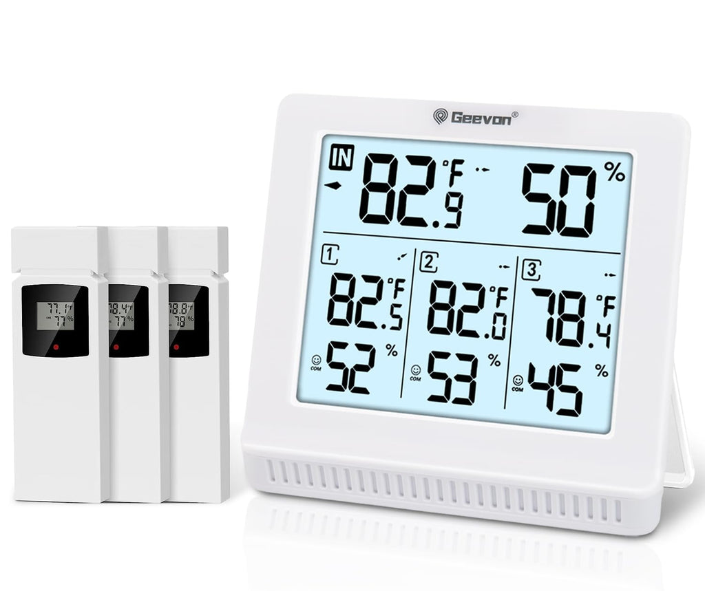 Geevon Indoor Outdoor Thermometer Wireless with 3 Remote Sensors, Digital Hygrometer Thermometer, Temperature Gauge Humidity Monitor with Backlight, 200FT/60M Transmission Range