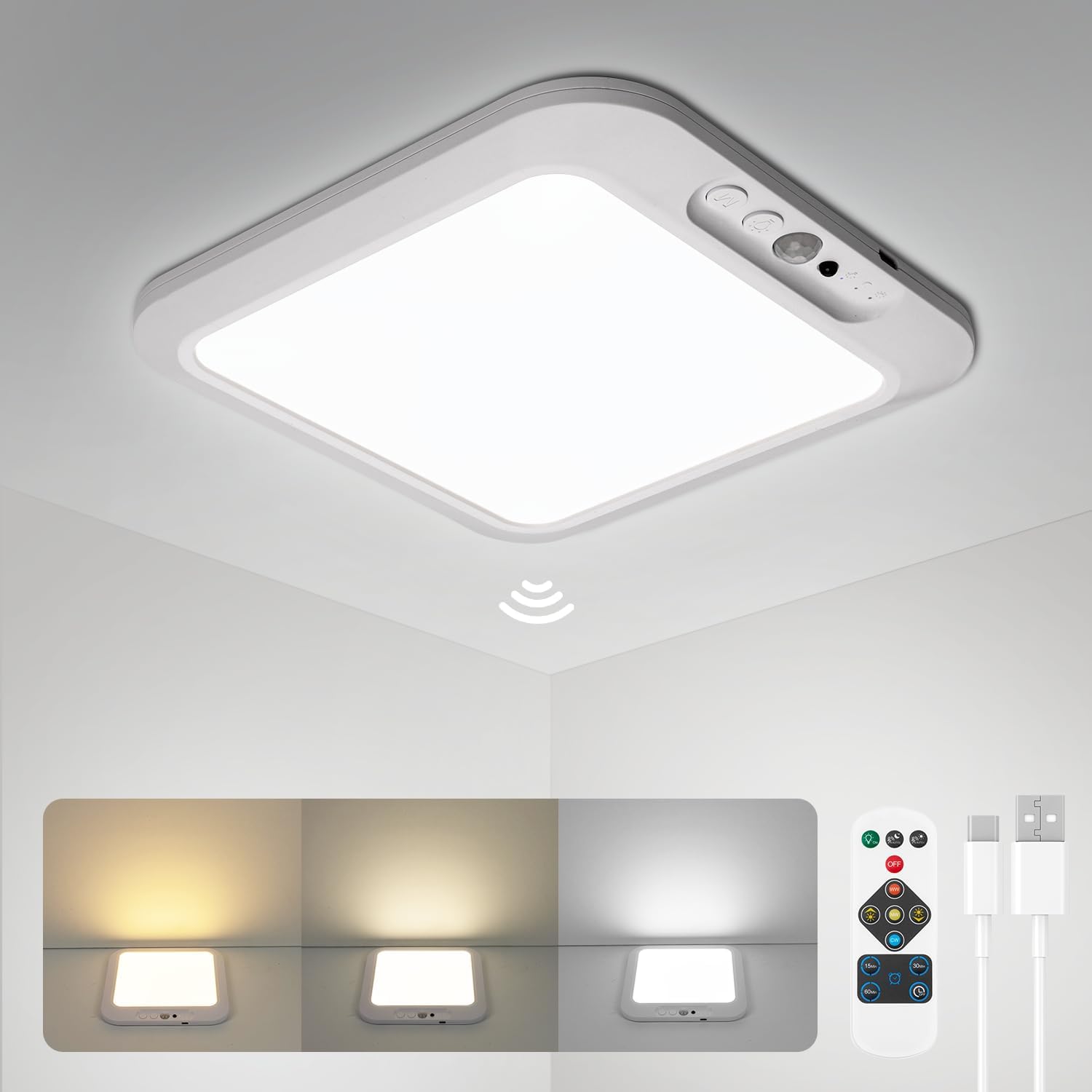wowatt Rechargeable Battery Operated Ceiling Light Motion Sensor Indoor