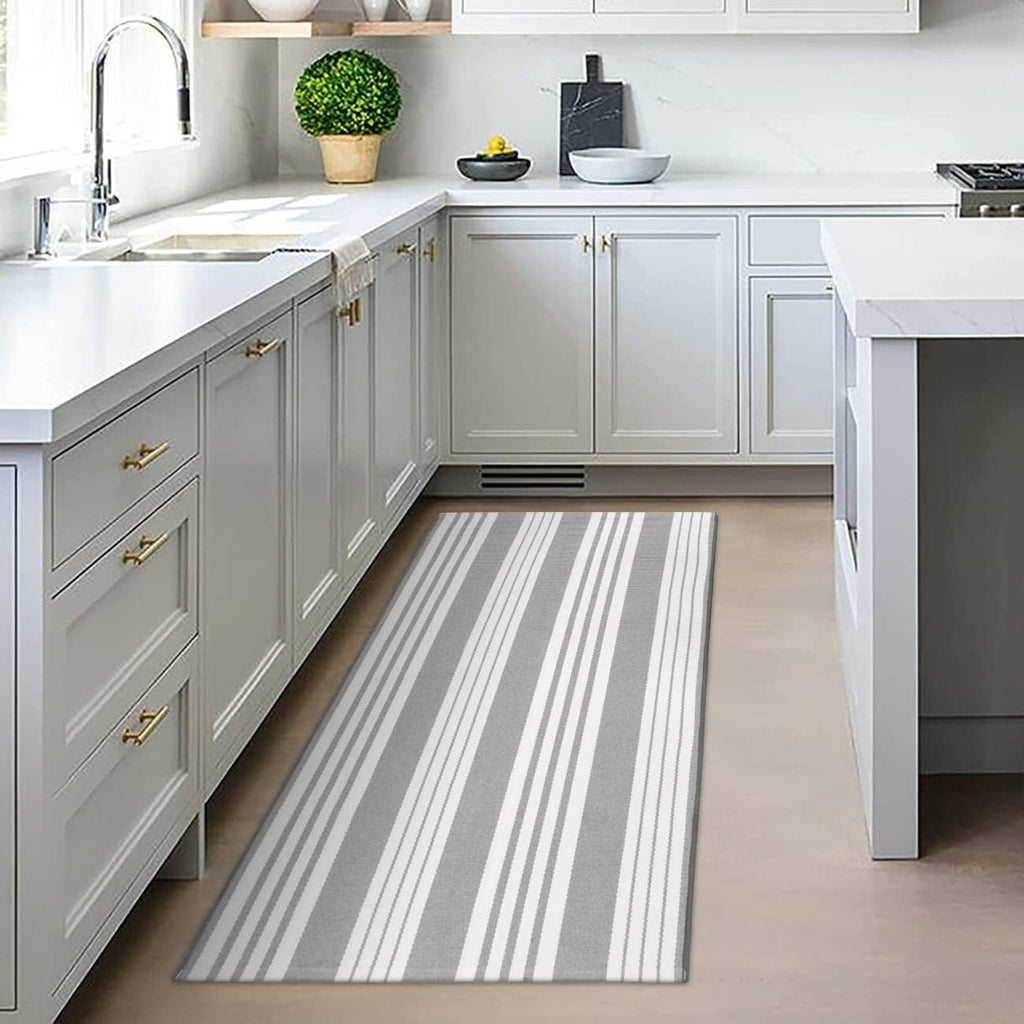 OJIA Front Door Rug 24"x51" Gray and White Striped Outdoor Rug Porch Decor
