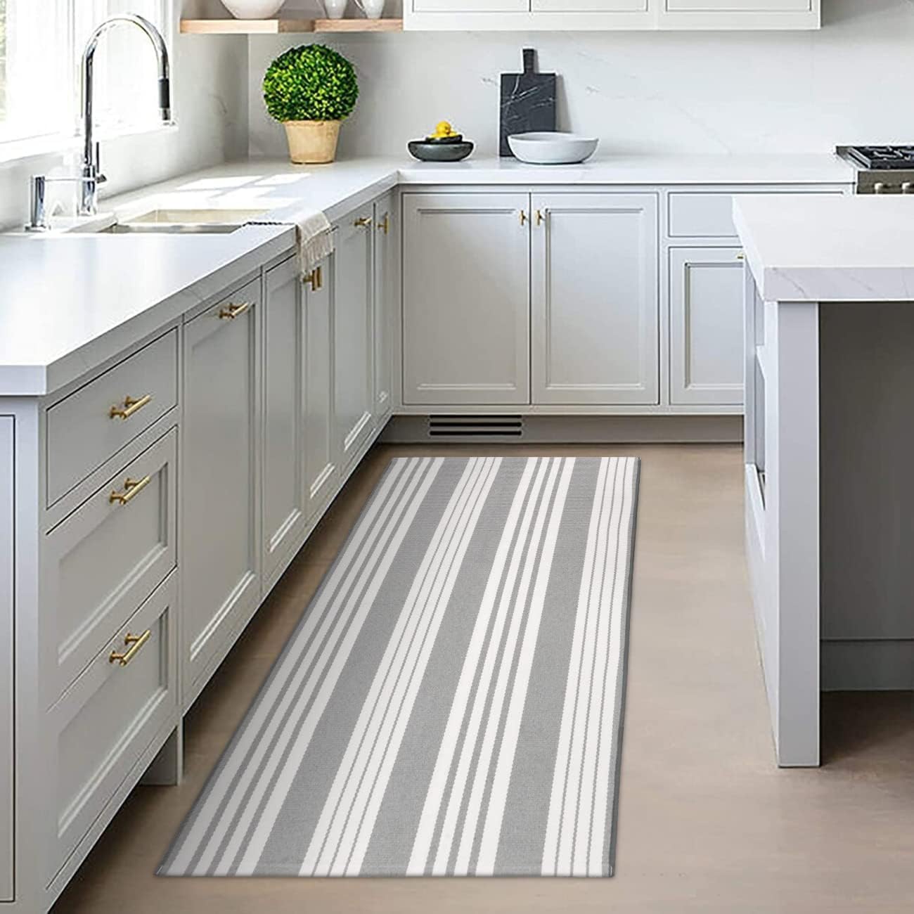 OJIA Front Door Rug 24"x51" Gray and White Striped Outdoor Rug Porch Decor
