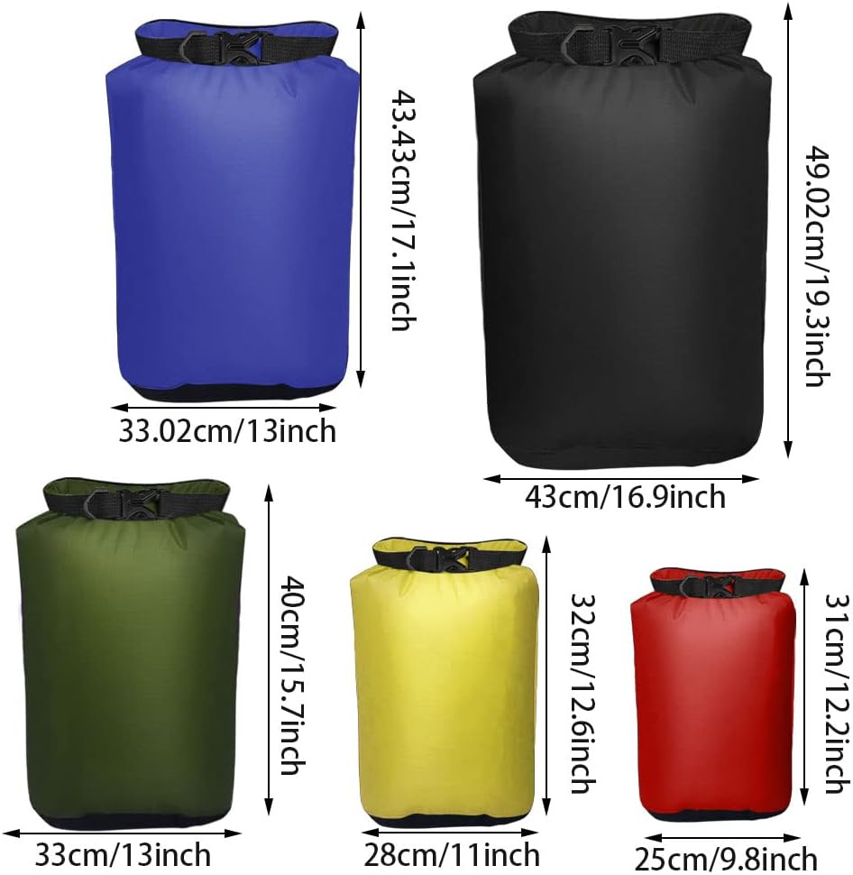 Pimoys 5 Pack Waterproof Dry Sacks, Lightweight Outdoor Dry Bags 20L /12L / 10L/ 6L/ 3.5L Ultimate Dry Bags for Kayaking Camping Rafting Boating