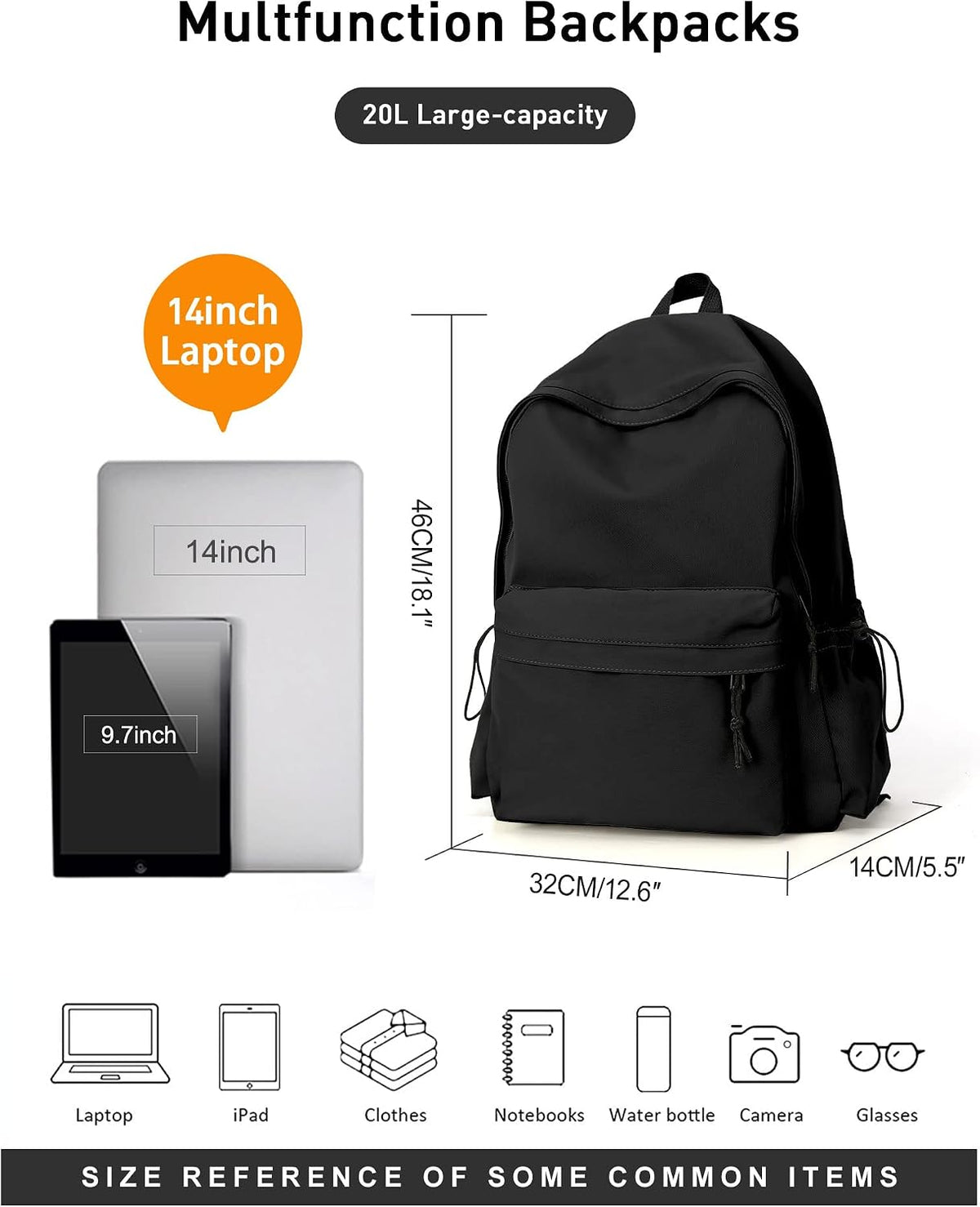 Black School Backpack for Women Men, Middle High School Bag for Girls Boys