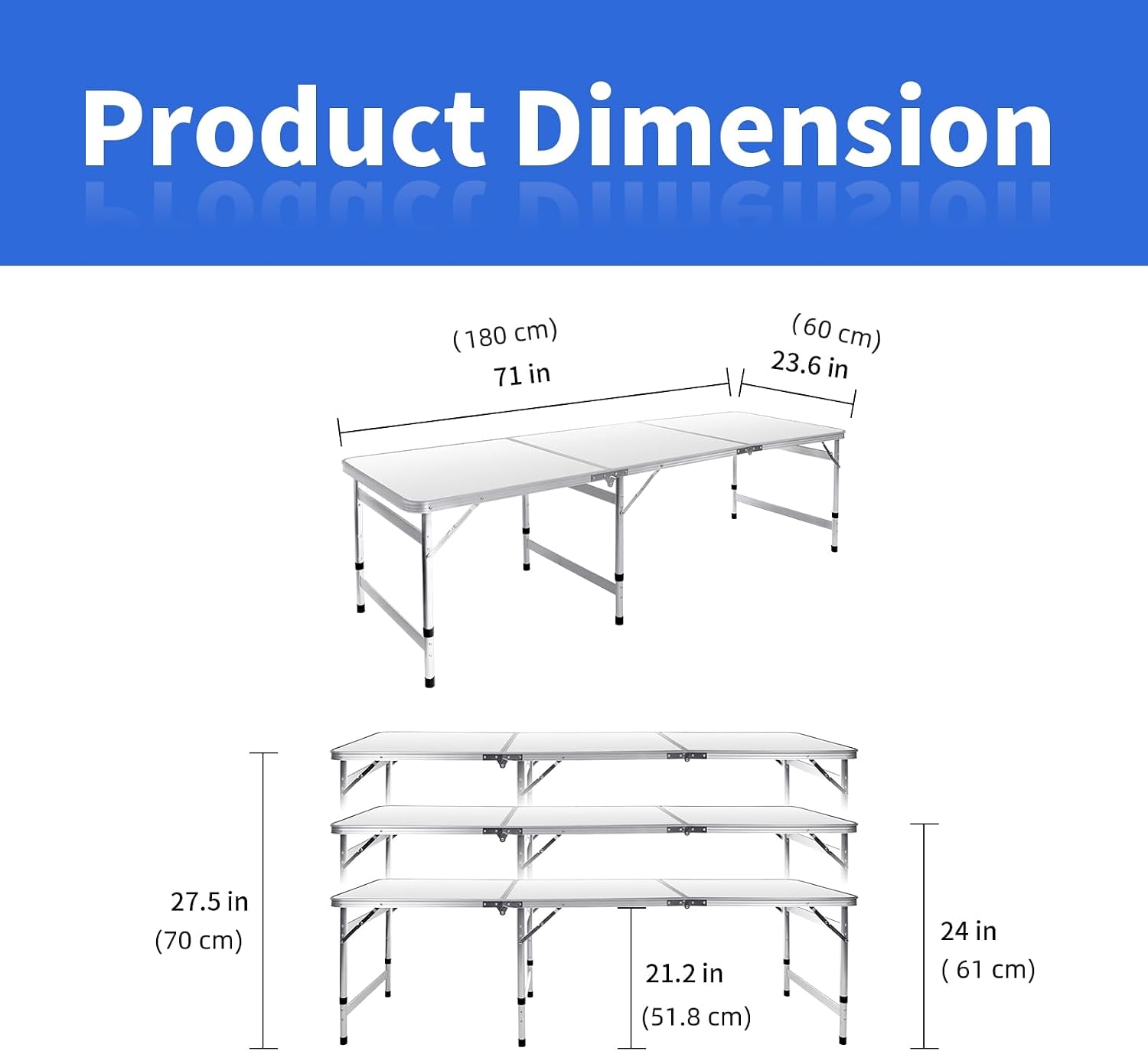 Moosinily Camping Table 6FT Folding Table Large 3 Adjustable Height Portable Picnic Table Camp Aluminum Outdoor Picnic BBQ White