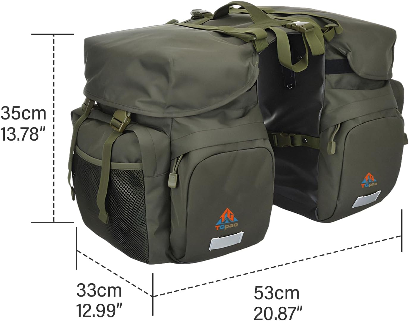 Large Saddle Bags for Bike Rear Rack,Waterproof 50L Panniers Bike Bags for Bicycles/MTB/E-Bike,Bike Trunk Bag With Reflective Stripes,Support for Width Less Than 7 Inches Bike (Army Green,50L)