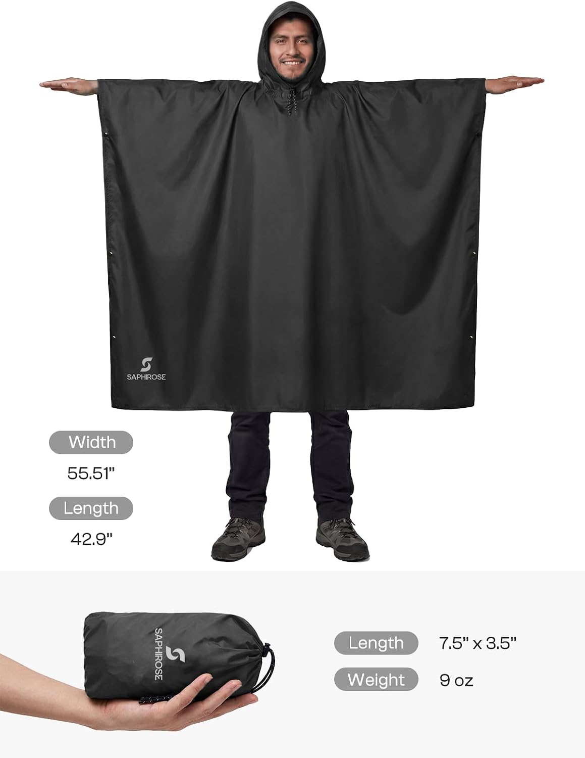 SaphiRose Hooded Rain Poncho Waterproof Raincoat Jacket for Men Women Adults