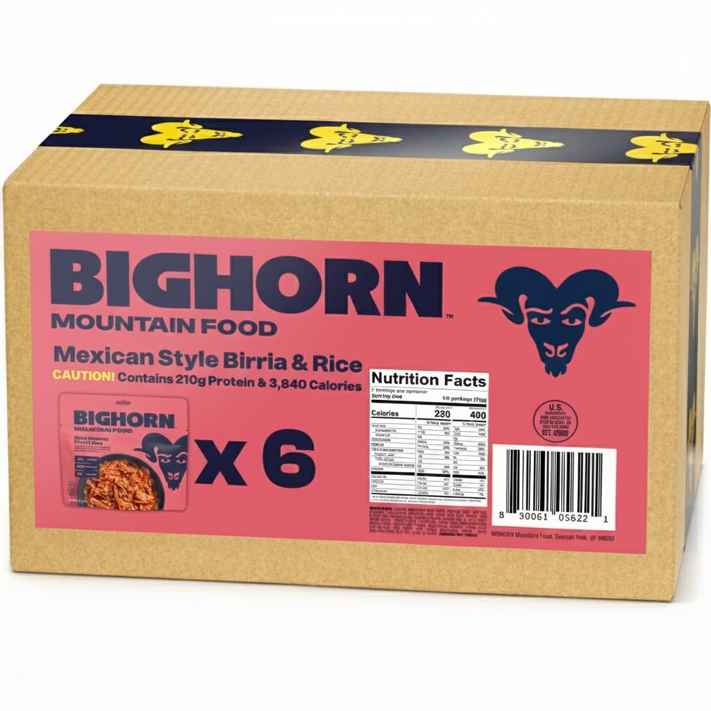 BIGHORN Mountain Food Mexican Style Birria and Rice - contains 6 packs | 12 servings | 210g Protein | 3,840 Calories - premium freeze dried meals for backpacking food - dehydrated camping food for backpacking meal - just add water - great taste