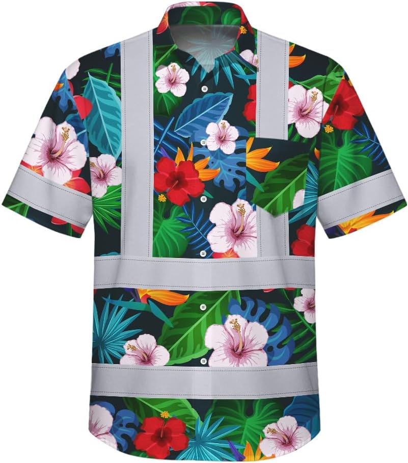 High Visibility Hawaiian Shirt for Men Tropical Shirts Custom Name Floral Outfit Reflective Safety Workwear