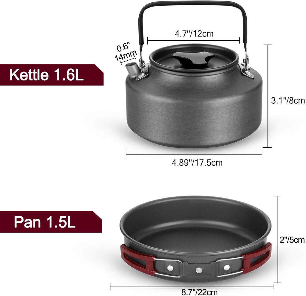 Odoland 22pcs Camping Cookware Mess Kit, Large Size Hanging Pot Pan Kettle with Base Cook Set for 4, Cups Dishes Forks Spoons Kit for Outdoor Camping Hiking Picnic