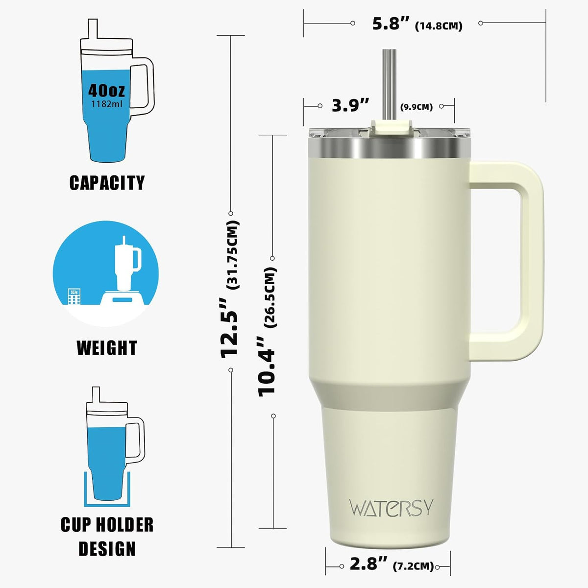 40 oz Tumbler with Handle,Tumbler with Lid and Straw,Double Wall Insulated Cup Stainless Steel Travel Mug(Cold for 34 Hours),Water Bottle for Iced Tea,Coffee,Cold Beverages(Cream White)