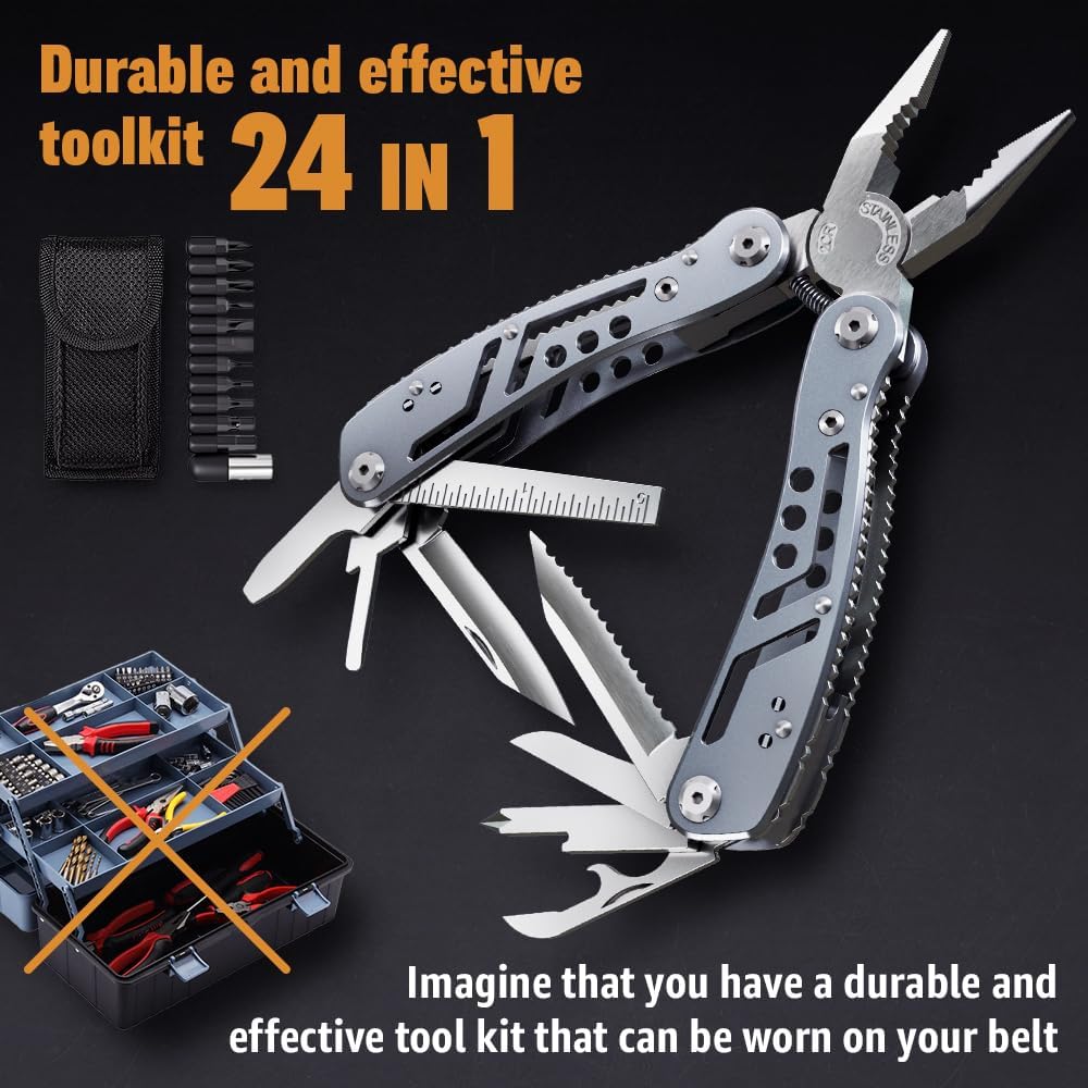 24-in-1 Multitool with Knife, Pliers & 11 Bits Sharp Stainless Steel - Multi Tool for Men - Ideal Gear with Tools for Camping Hiking, Survival, EDC - Best Gifts for Husband Boyfriend 2238