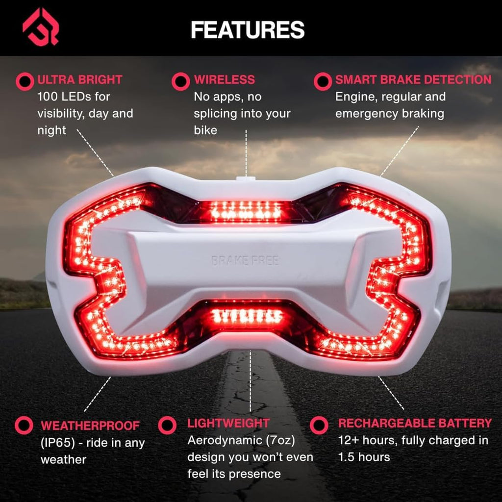 Brake Free Helmet Light - Smart Wireless Motorcycle Lights- Weatherproof LED Motorcycle Helmet Light - Lightweight & Aerodynamic Design - Smart Brake Detection - Single Button Operation - White