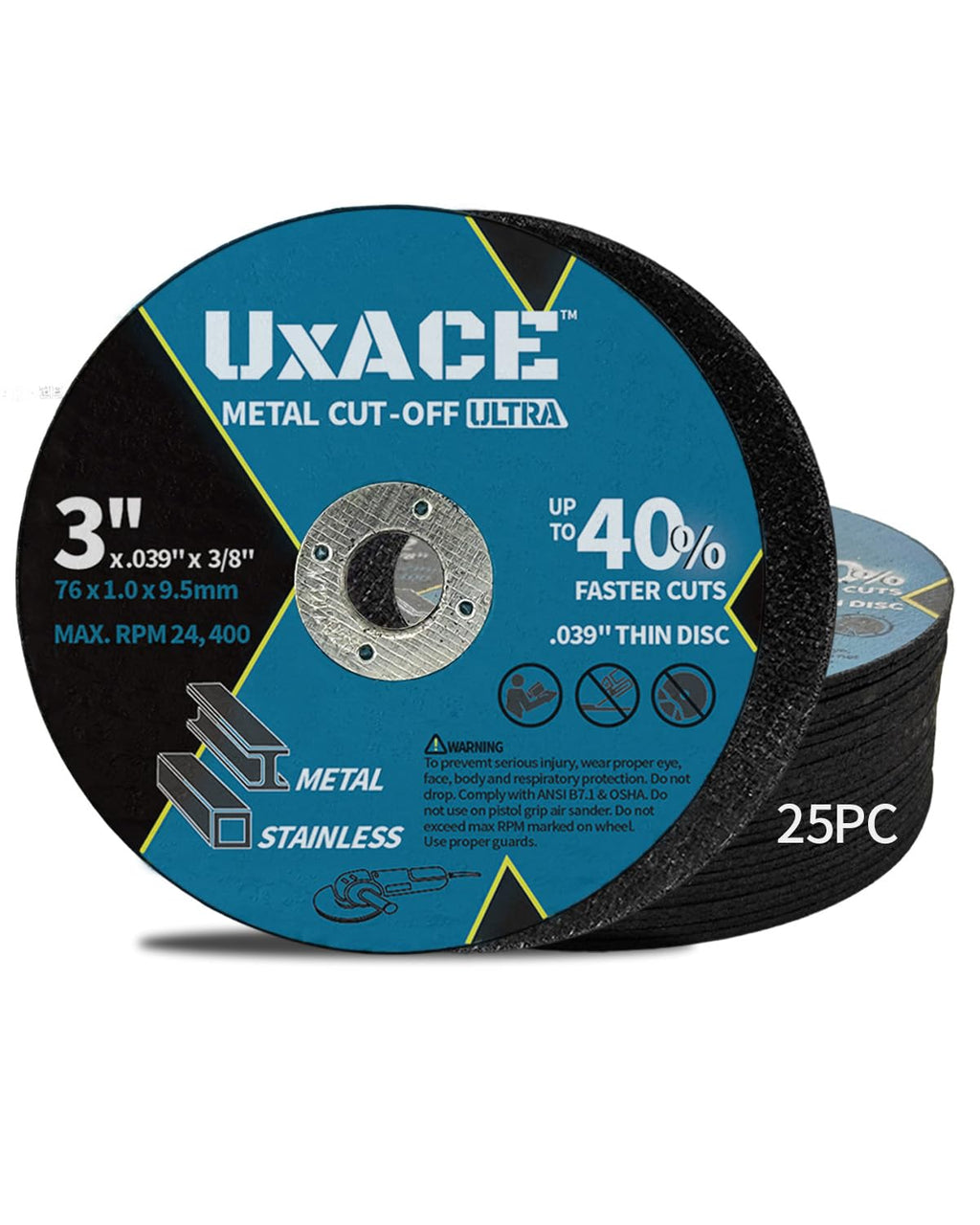 3 Inch Cut-Off Wheel for Metal, Stainless Steel, Aluminum Cutting, Professional Super Thin Metal Cutting Disc for Angle Grinder, Die Grinder or Cut-Off Tools, 3/8 inch Arbor, 25 Pack