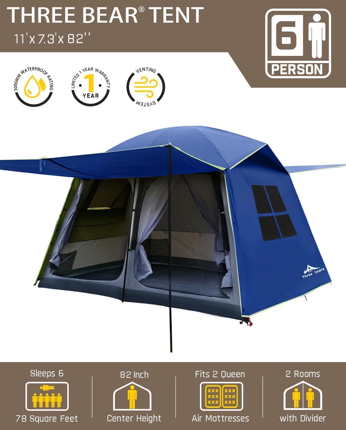 Three Bears 6-Person Tent, 3000mm Waterproof Double-Layer Tent with Room Dividers, Family Tent with Color-Coded Connection Buckles, Front and Rear Vestibules Can Be Set Up as Sunshade Canopies